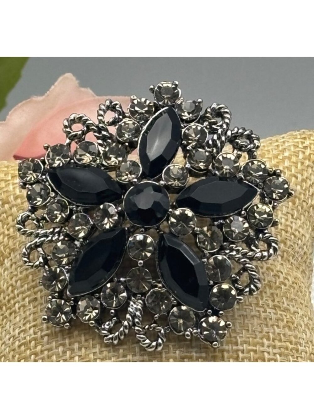 Vintage-Inspired Black & Smokey Crystal Floral Brooch Pin Elegant Sparkling 2"